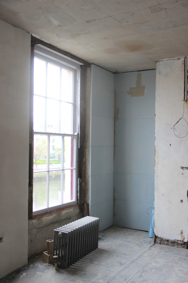 Calsitherm Climate Board being applied in 18 Ormond Quay Upper replacing modern cement and gypsum-based plasters