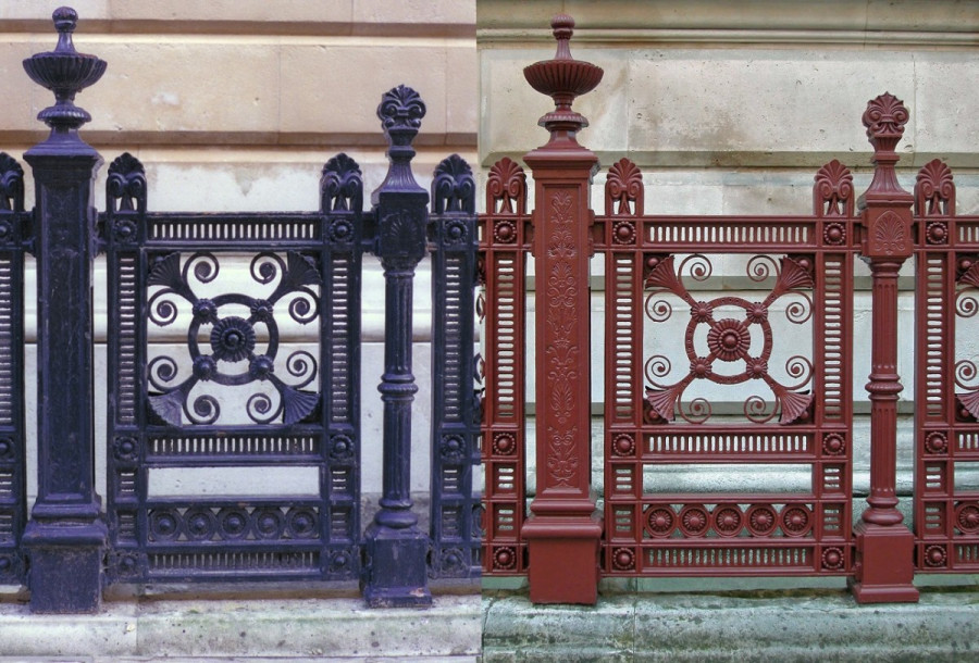 Railings of London's Foreign Office before and after reinstatement of original Venetian Red paint, identified by Patrick Baty