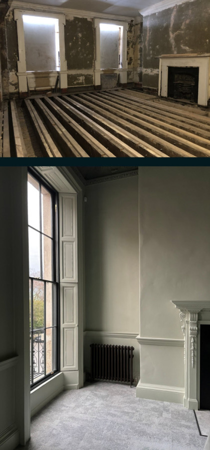 Interiors of 30 Parnell Square during and after conservation works
