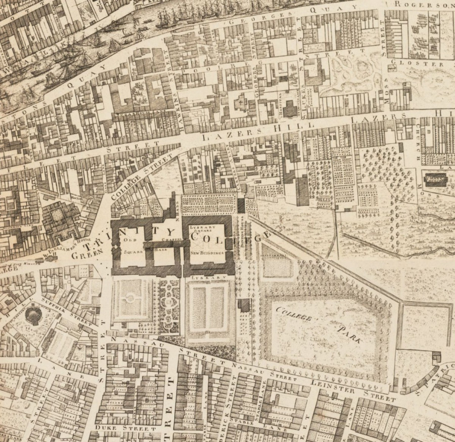John Rocque's Map of Dublin, 1756. Modern Pearse Street had yet to be laid out near the centre of the map.
