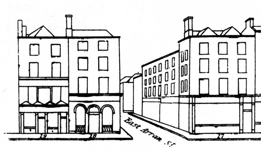 Quayside elevation of Ormond Quay Upper, published in Henry Shaw's Dublin Pictorial Directory, 1850