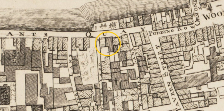 The pair of houses forming modern-day 9 Merchant's Quay on Rocque's Map of 1756